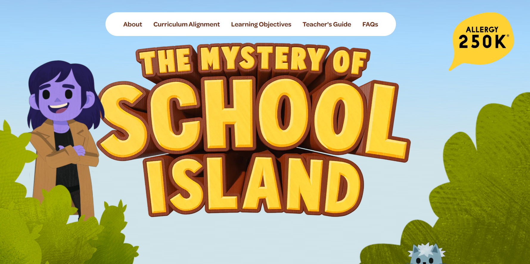 Title screen for 'The Mystery of School Island' game, featuring a cartoon character with purple skin and purple hair, standing among green bushes, with a speech bubble indicating 'Allergy 250K' in a bright yellow background.