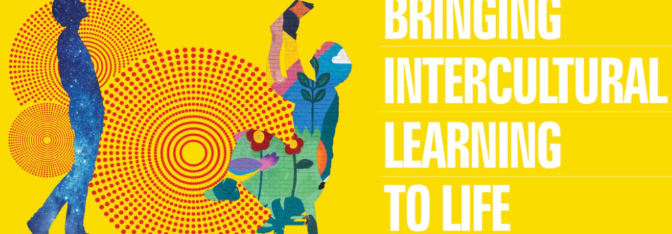 Colorful illustration featuring a person with a starry sky pattern, a large smiling face, and abstract plant shapes, with text that reads 'Bringing Intercultural Learning to Life' on a yellow background.
