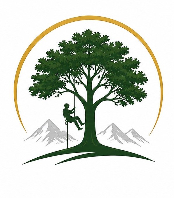 Silhouette of a person climbing a tree with mountains in the background and a gold semi-circle above the tree.