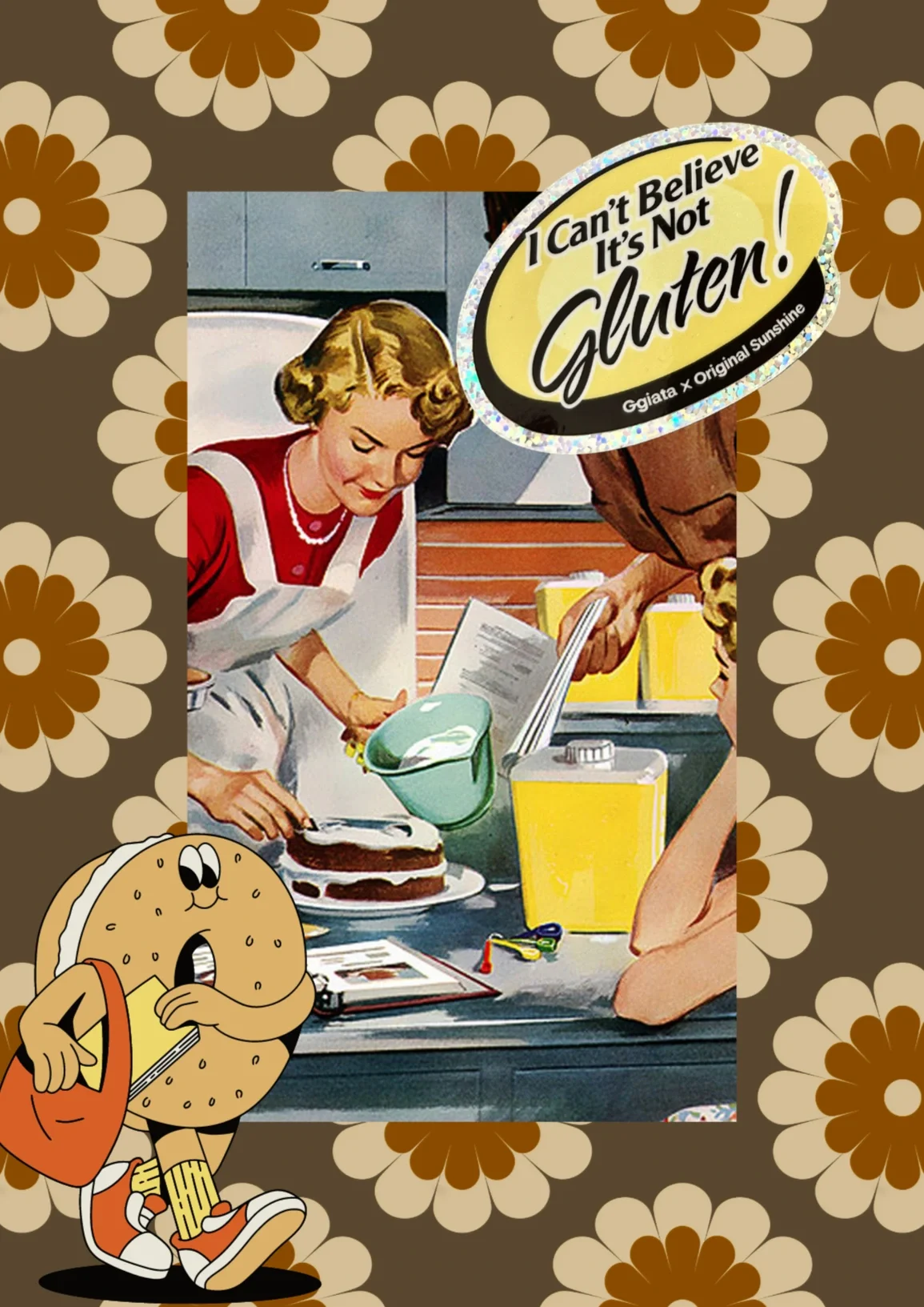 Vintage style illustration of a woman preparing a cake in a kitchen, with a cartoon bagel character carrying a bag and a book in the foreground, and a sticker that says "I Can't Believe It’s Not Gluten!"