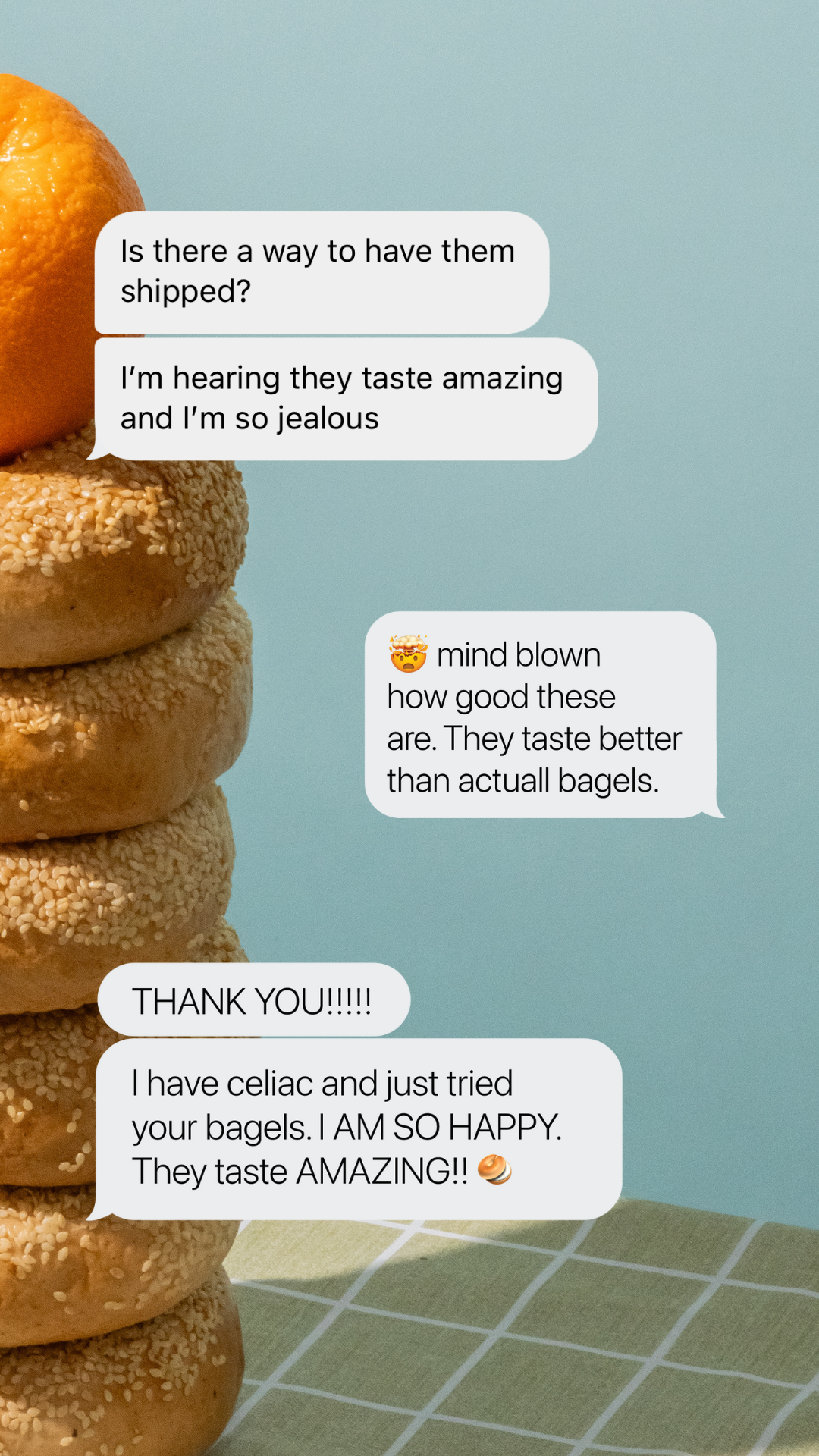 A stack of sesame seed bagels on the left side of the image with text messages about their taste and shipping, a light blue background, and a checkered tablecloth at the bottom.