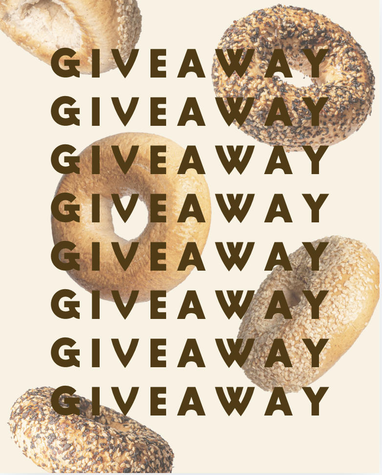 Text overlay reading 'GIVEAWAY' repeated six times in large brown letters over scattered bagels, some topped with sesame seeds and others with crushed nuts, on a light background.