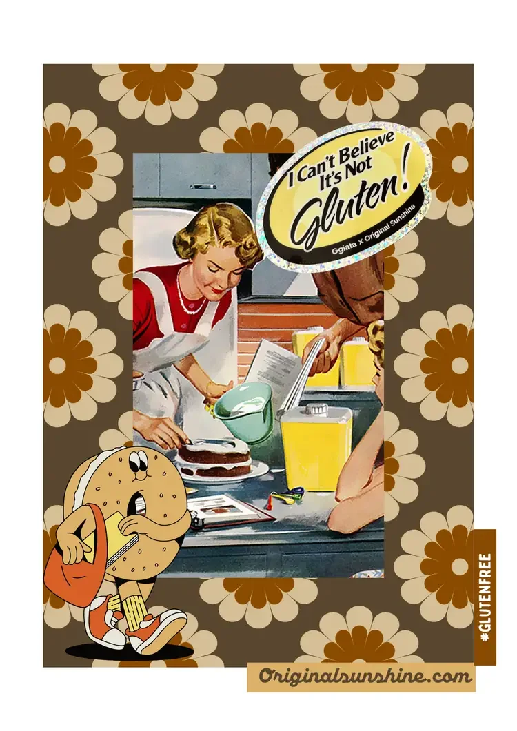 Retro illustration of a woman in a kitchen baking a cake, with a cartoon cookie character carrying a bag and holding a snack, and a descriptive sticker saying "I Can't Believe It's Not Gluten!" on a brown floral background.