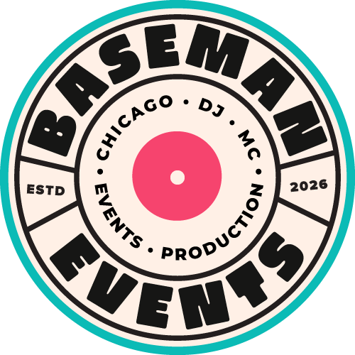 Logo with text 'Baseman Events' and smaller text 'Chicago DJ MC Est 2026 Events Production' with a pink circle in the center.