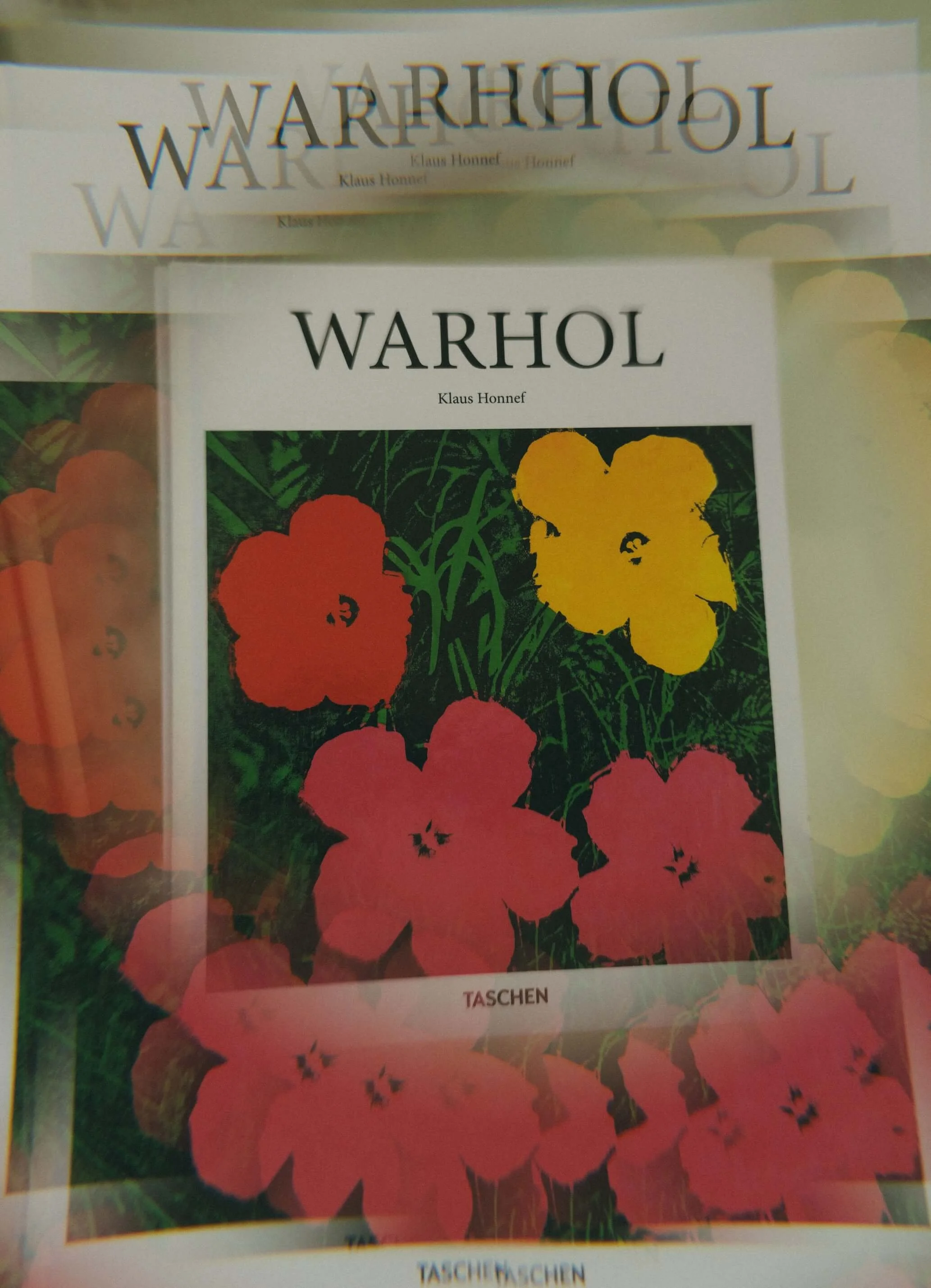 Cover of a book titled 'WARHOL' by Klaus Honnef, featuring colorful flower illustrations on the cover, published by Taschen.