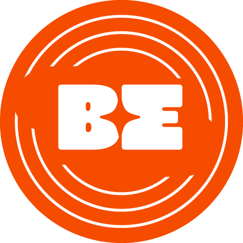 An orange circular logo with the letters 'BE' in bold white letters in the center, surrounded by white concentric circles.