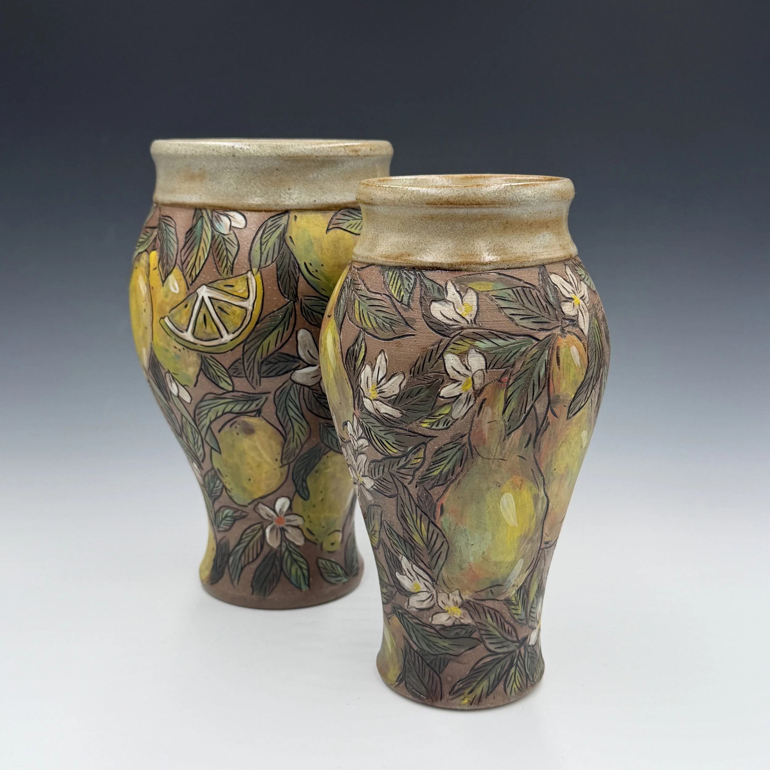 Two ceramic vases with floral and fruit patterns, set against a plain dark background. - Stephanie Haines