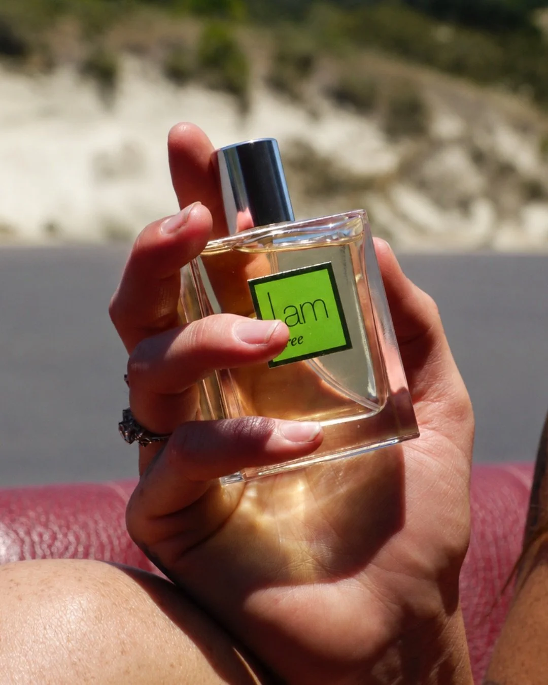 Hand holding an I AM Fragrance Free perfume bottle against a rocky outdoor landscape.