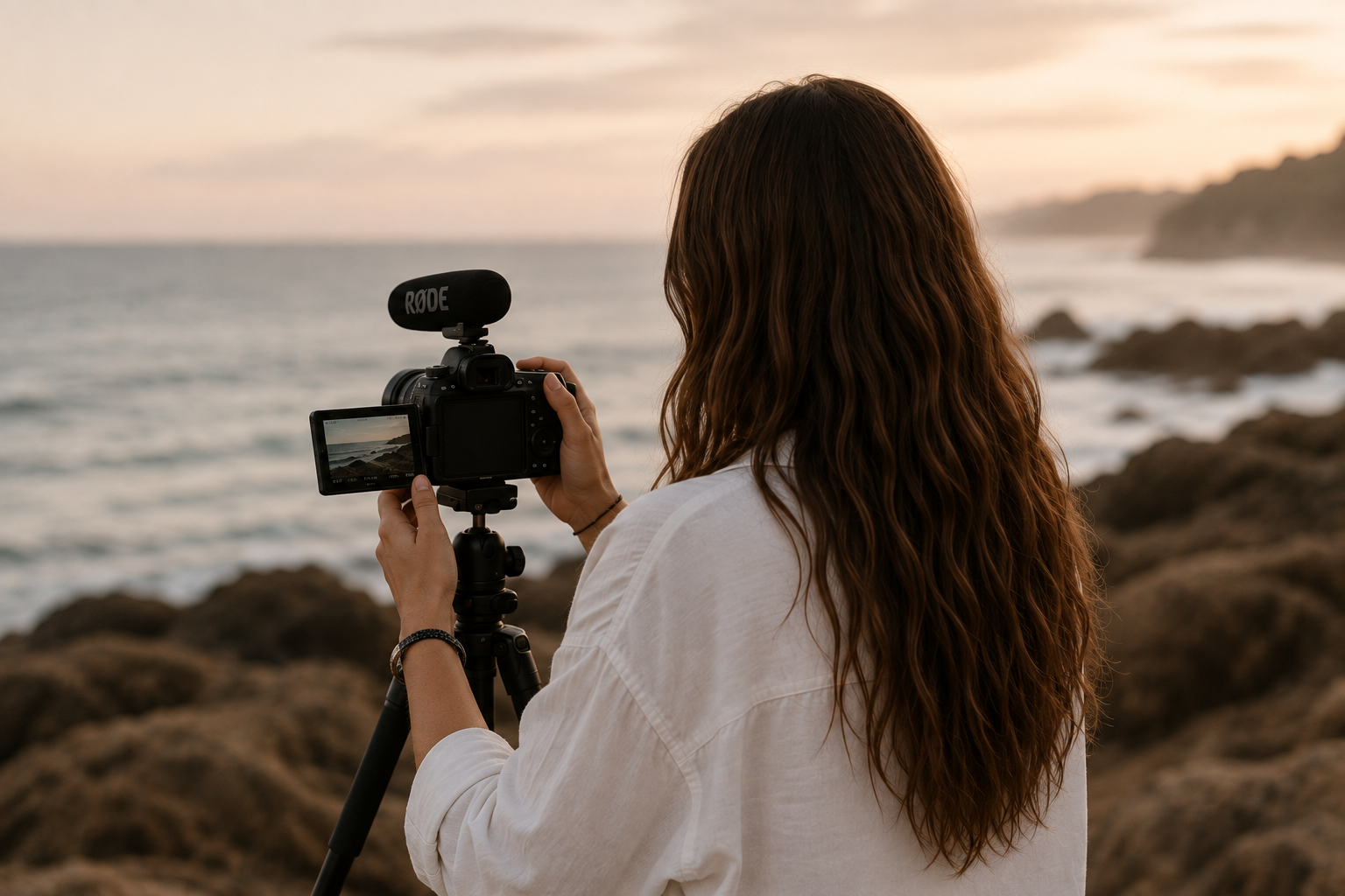 Content creator filming the ocean at sunset with a mirrorless camera, tripod and external microphone.