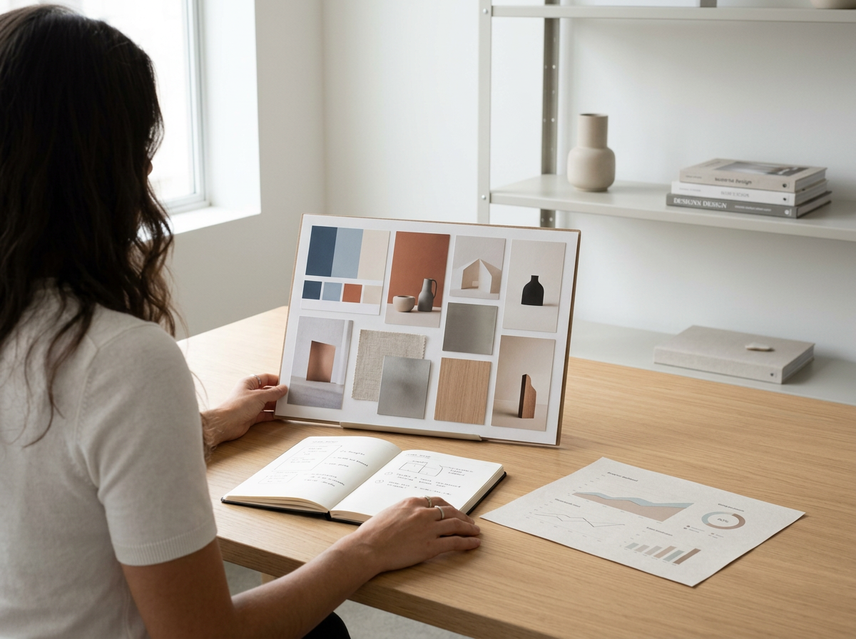Creative brand strategy workspace with moodboards, color swatches, notes and campaign planning materials.