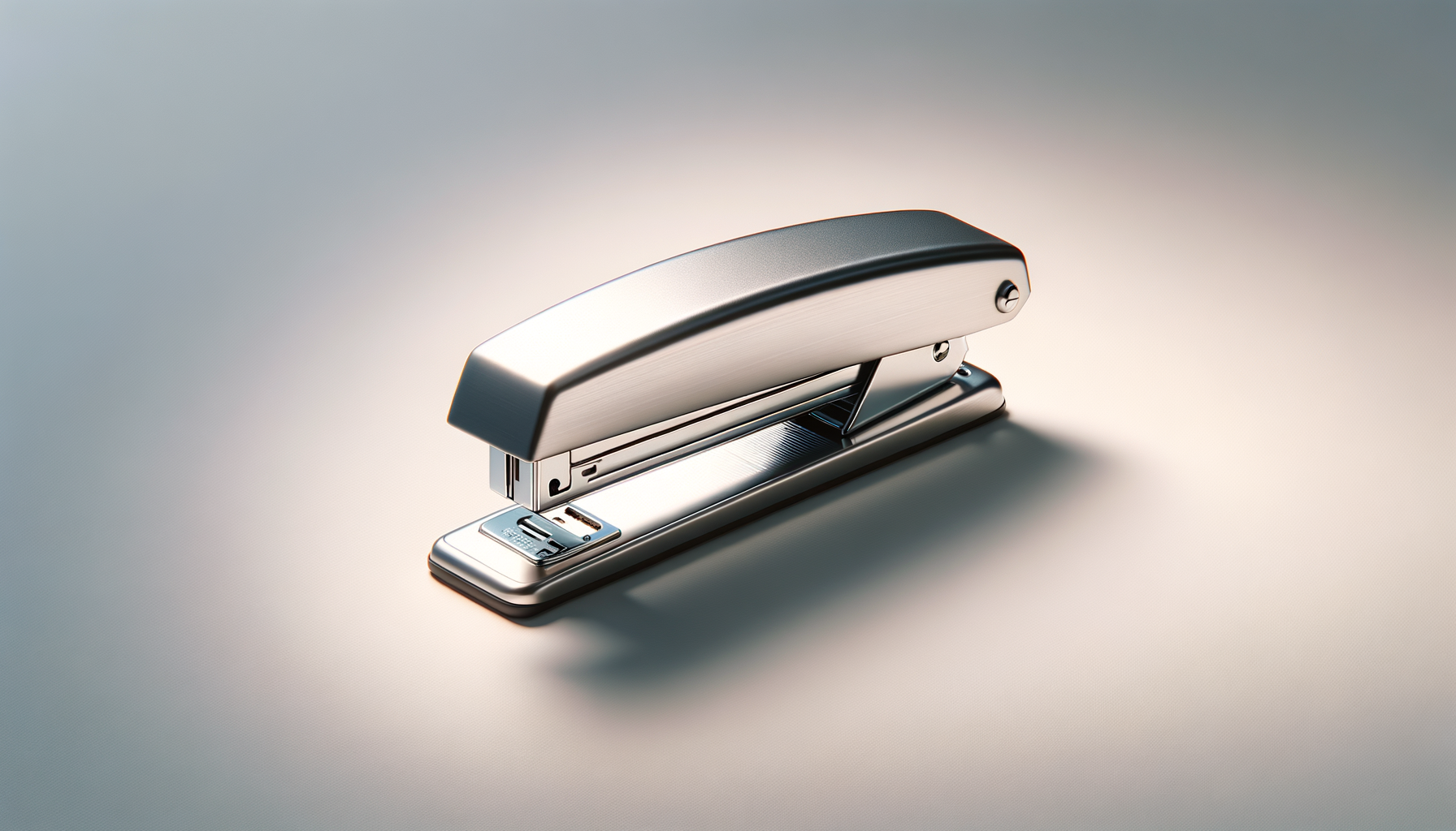 A close-up of a silver stapler on a smooth light-colored surface.