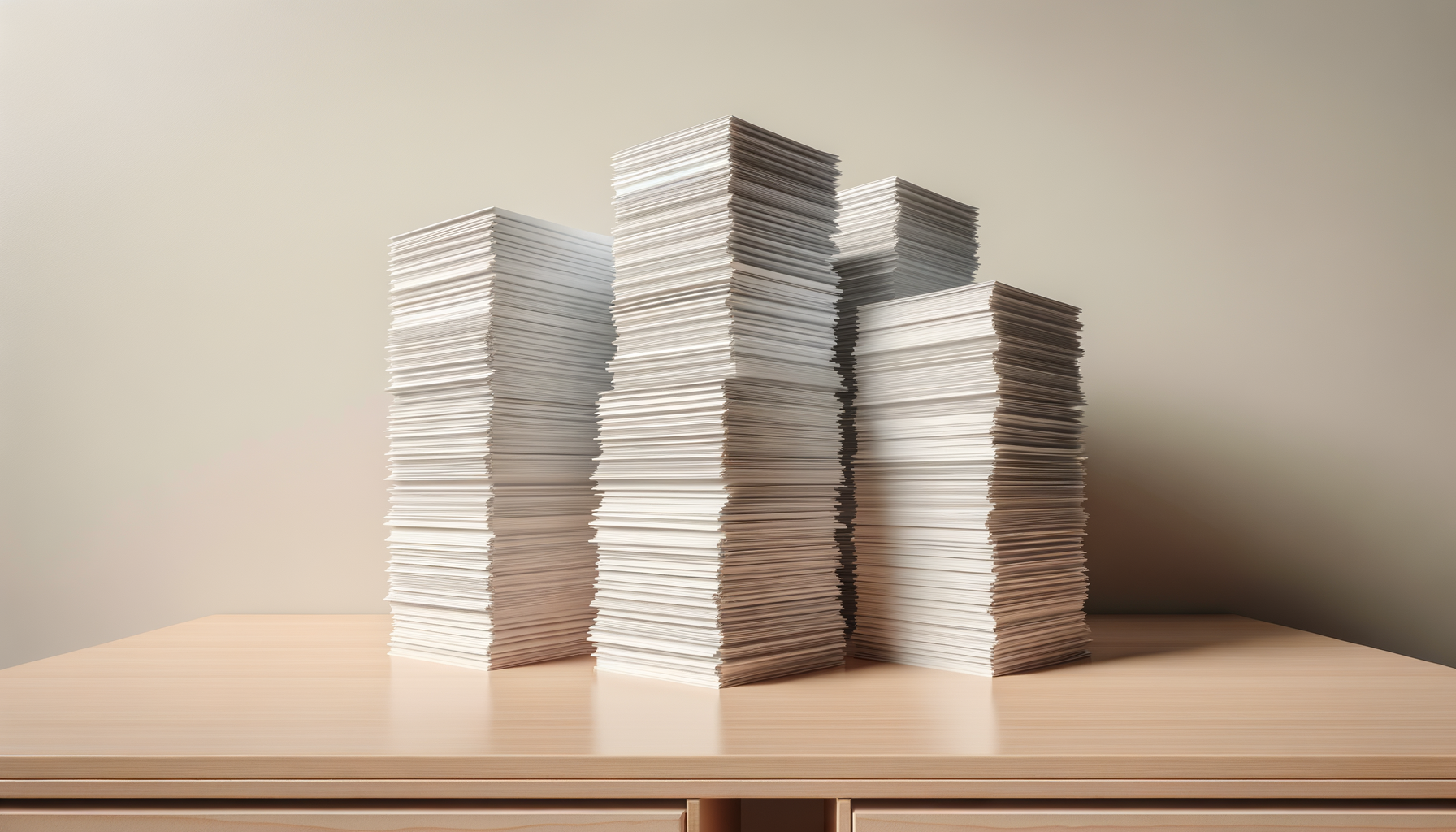 Multiple tall stacks of white papers on a light wood desk against a plain neutral background.