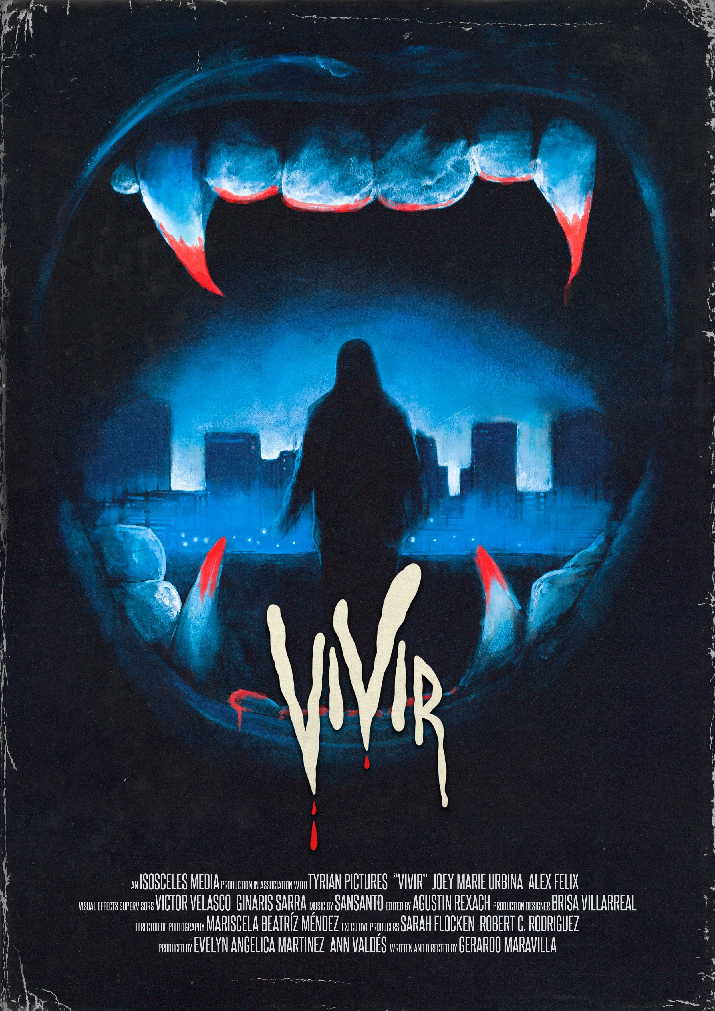 A dark blue and black horror-themed poster featuring a giant set of sharp teeth with glowing blue and red accents surrounding a person’s silhouette, with the word "VIVIR" spattered in red at the bottom and credits in small white text.