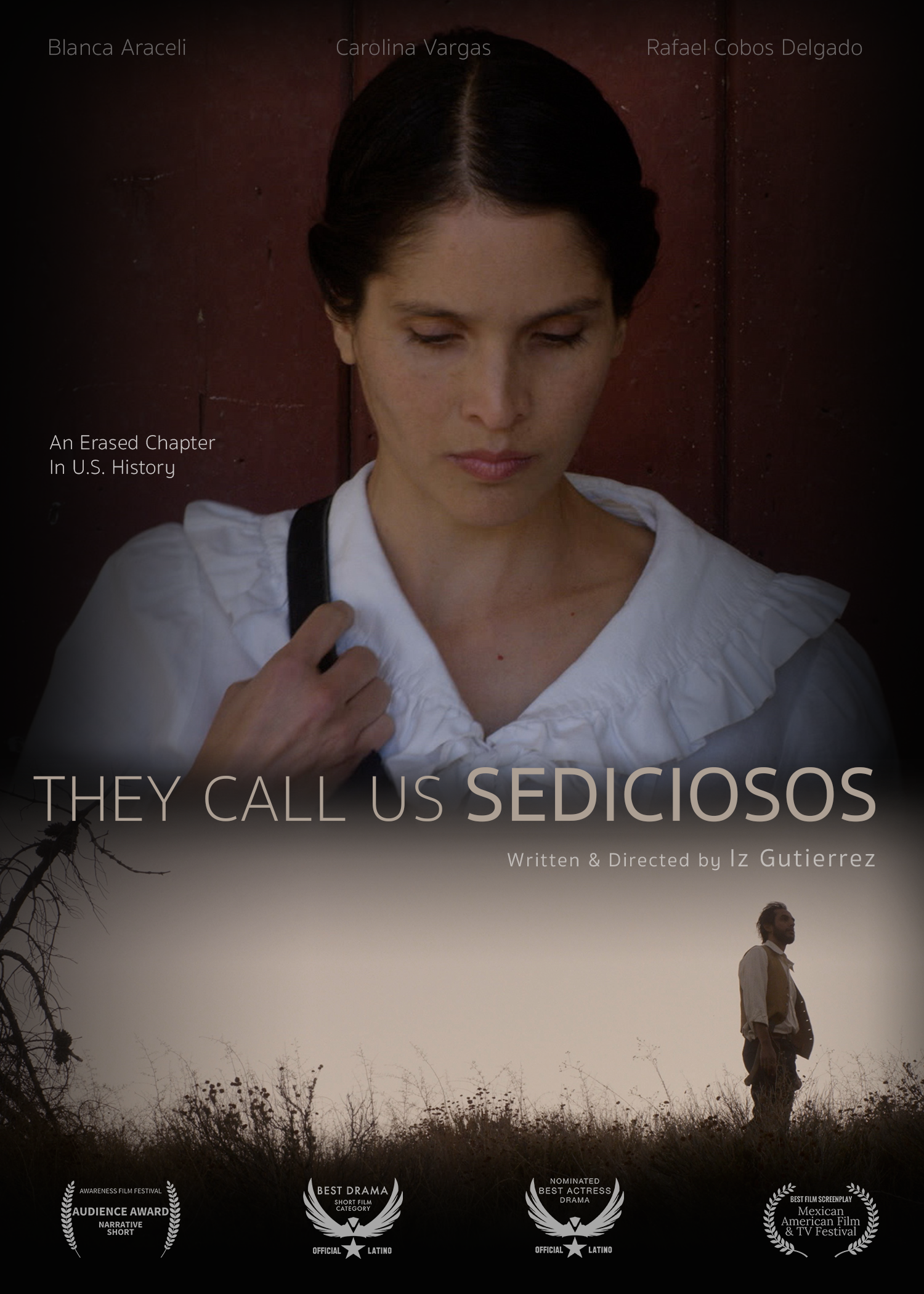 A promotional poster for the film "They Call Us Sediciosos" features a woman with dark hair and a man standing in a field at sunset. The poster includes quotes about awards and nominations for the film, and mentions it was written and directed by Iz Gutierrez.