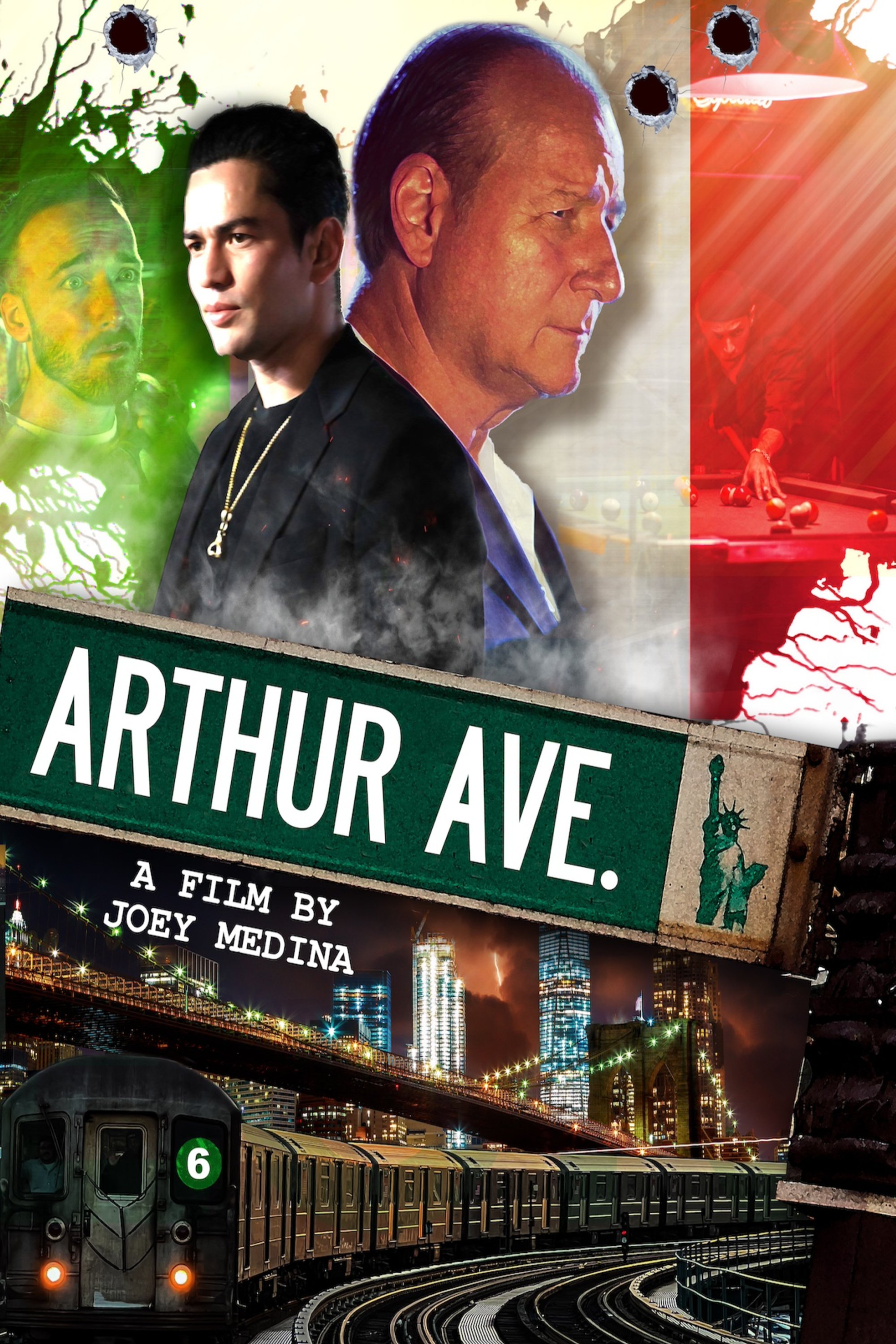 A collage of images including a city skyline at night, a train on railway tracks, painted portraits of two men, a sign reading 'Arthur Ave,' and a poster for a film directed by Joey Medina.