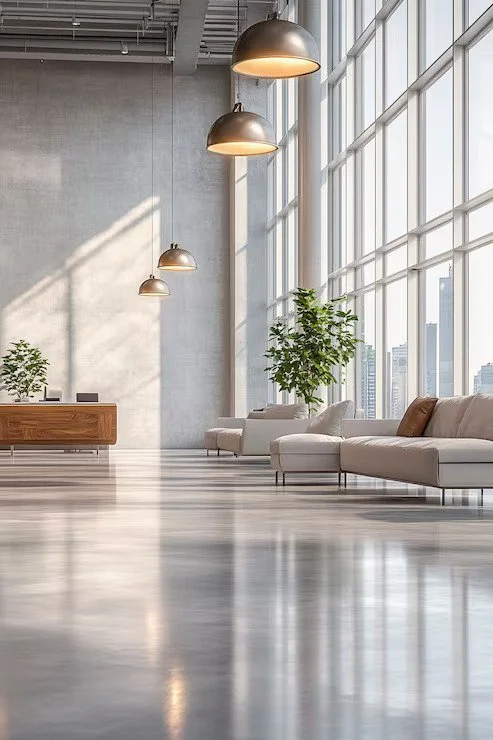 Modern office lobby with large windows, hanging ceiling lights, white seating area, and indoor plants.