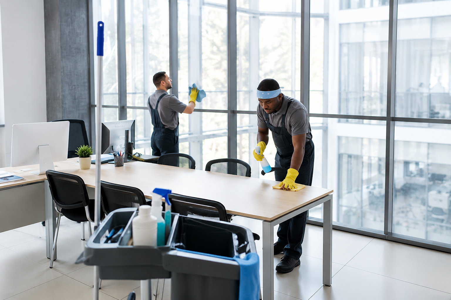 Two professional cleaners, one wiping a table and the other cleaning windows, in a modern office space.