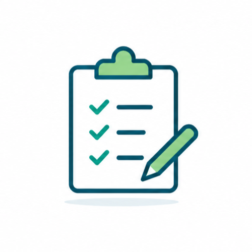 Icon of a clipboard with a checklist and a pen