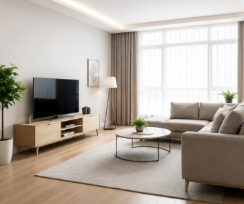 Modern living room with a beige sofa, a round coffee table with plants, a wooden TV stand with a flat-screen TV, a floor lamp, a large window with curtains, and a potted plant.