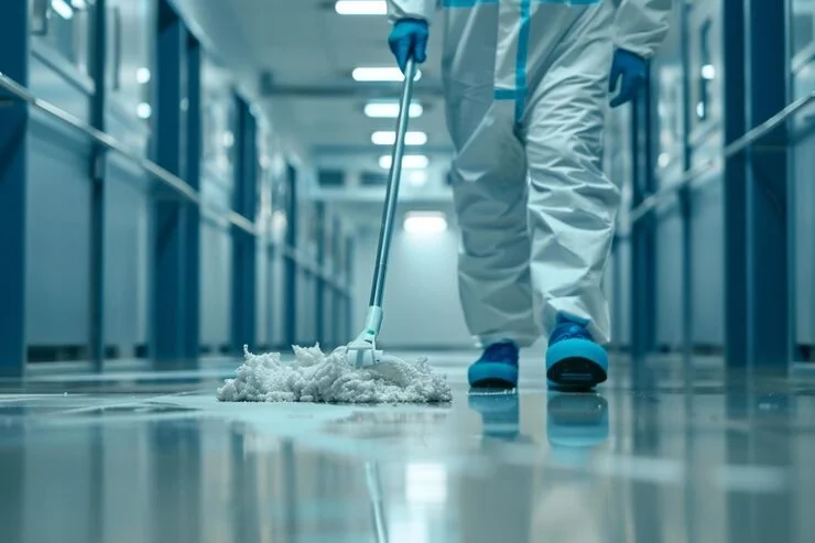 Person in protective suit cleaning a shiny floor with a mop.