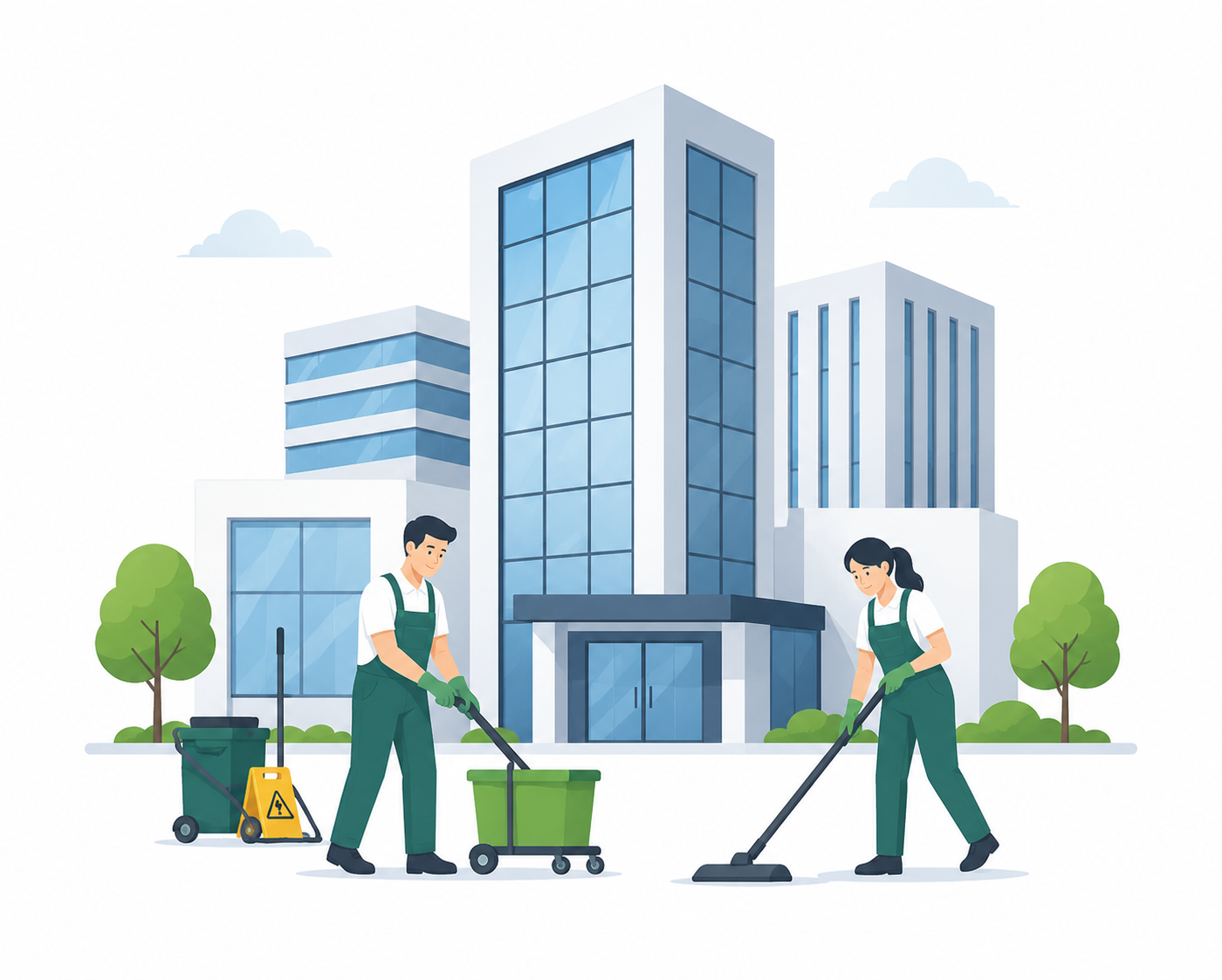Two people in green uniforms cleaning the sidewalk outside a modern office building, with trees and clouds in the background.