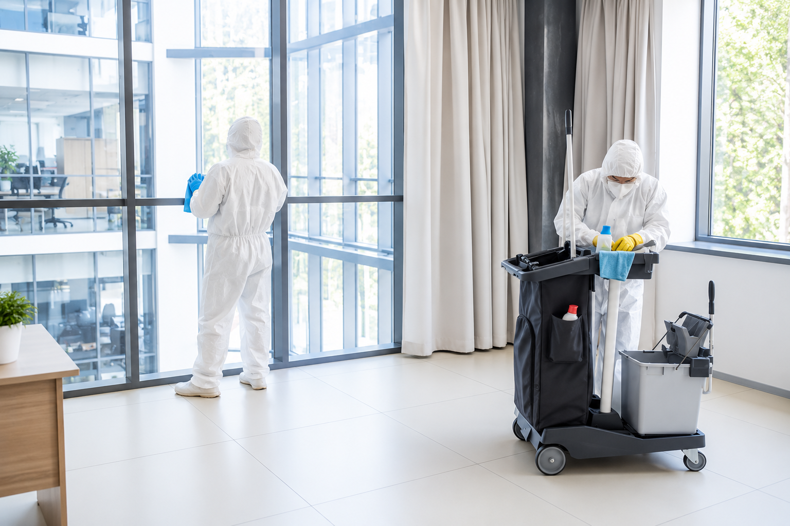 Two janitorial workers in white protective suits cleaning a modern office space with large floor-to-ceiling windows and curtains, one standing by the window and the other organizing cleaning supplies on a wheeled cart.