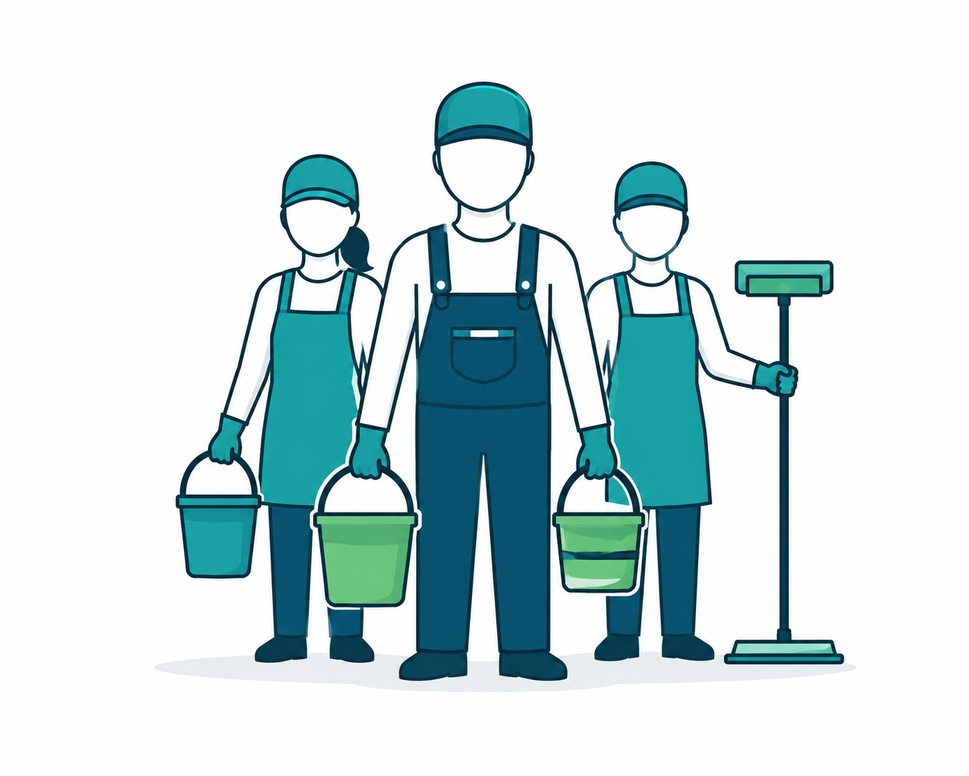 Illustration of three cleaning workers wearing uniforms and hats, holding buckets and cleaning tools, standing together.