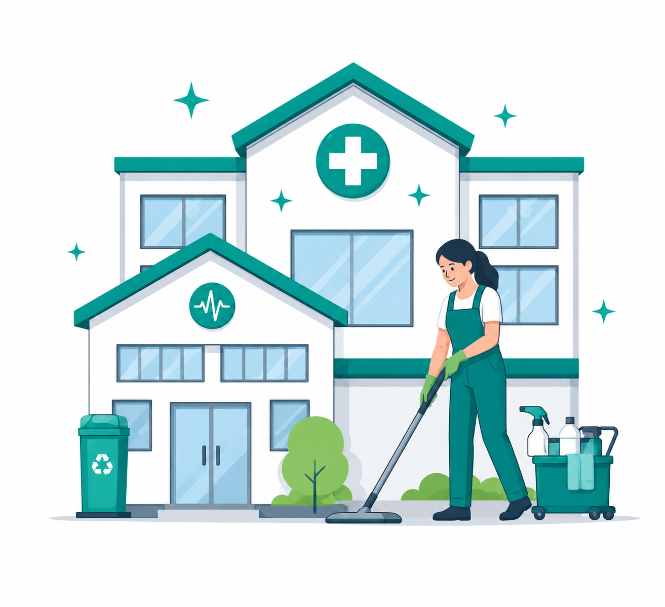 A woman in scrubs and gloves cleaning the front yard of a hospital with a vacuum cleaner, surrounded by cleaning supplies and a recycling bin, with hospital buildings featuring medical symbols in the background.