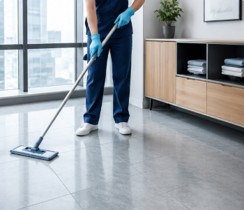 Person mopping a tiled floor in a modern office space
