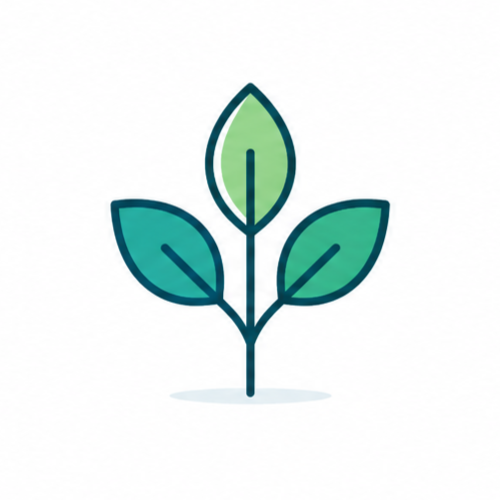 A minimalist illustration of a plant with three green leaves and a stem.