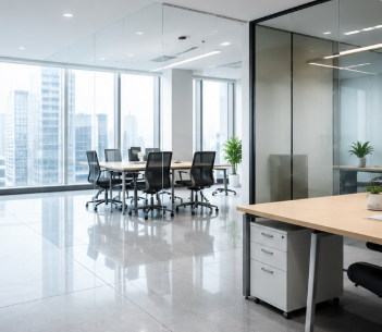 Modern office conference room with a glass wall, large windows with city view, a conference table, and black chairs.