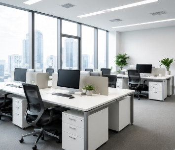 Empty modern office with white desks, black chairs, large windows with city view, and potted plants.