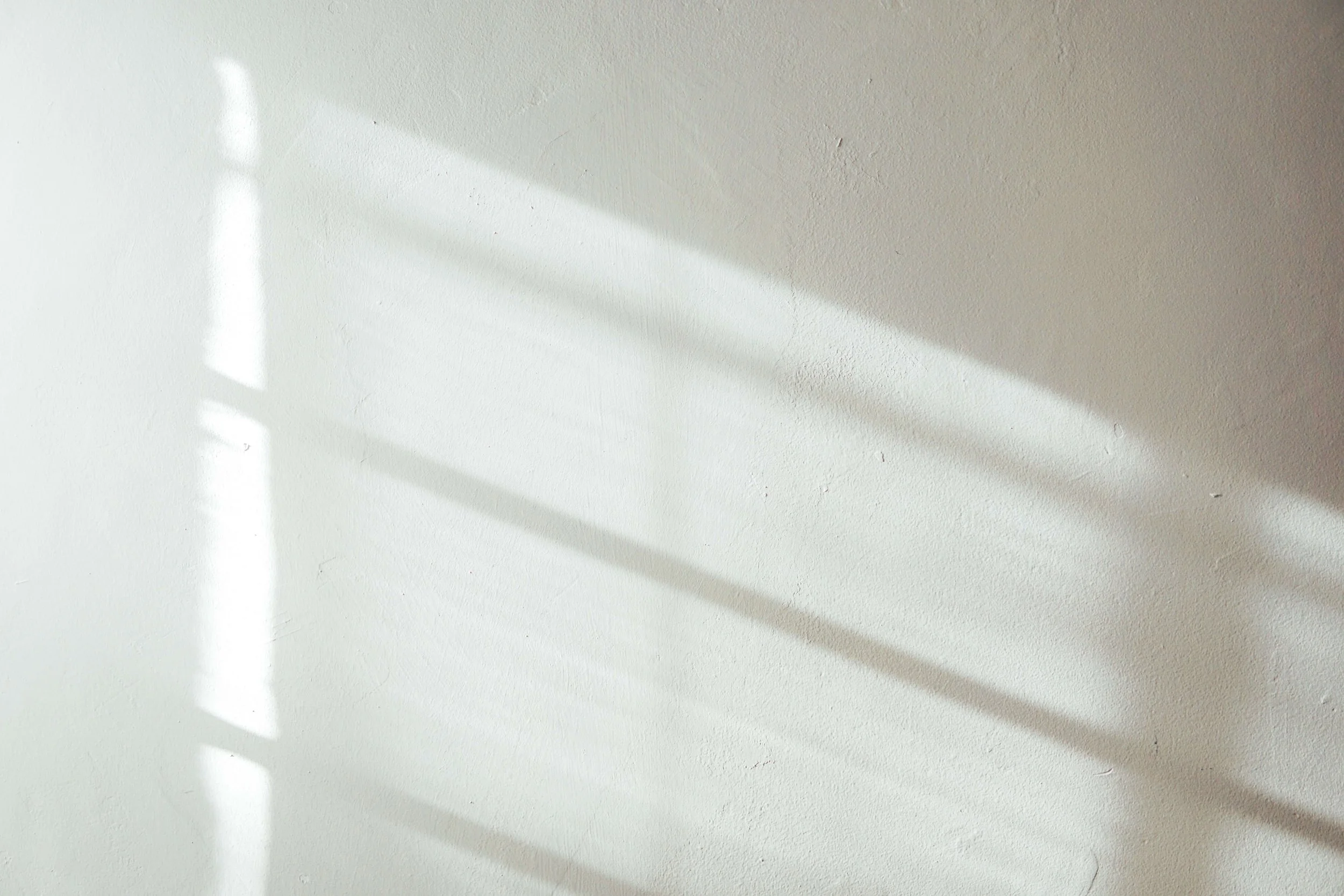 Sunlight creates shadow patterns on a plain white wall.
