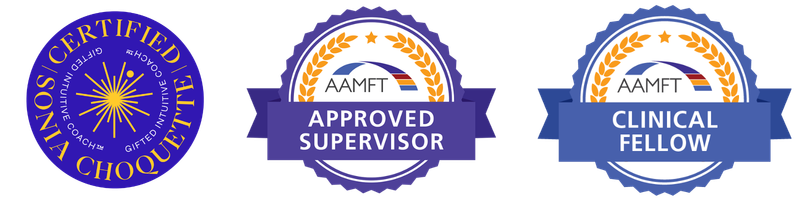 Certification badges including a badge for Certified Clinical Hypnotherapist by the International Certification Board of Clinical Hypnotherapists, and badges for Approved Supervisor and Clinical Fellow by AAMFT.