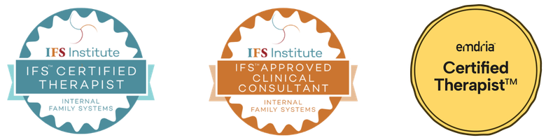 Three certification badges for therapy professionals: IFS Certified Therapist badge, IFS Approved Clinical Consultant badge, and Emdria Certified Therapist badge.
