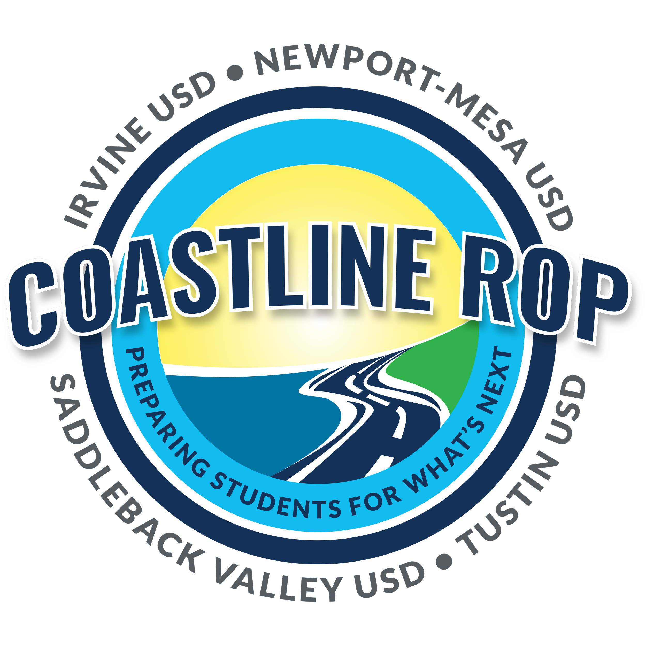 Close-up of a circular logo for the Austin Independent School District, featuring a stylized sun, a winding river, and the words 'coastline' and other text related to the district.