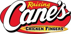 Raising Cane's Chicken Fingers logo with red, yellow, black, and white colors.