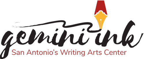Logo for Acmina Ink, San Antonio's Writing Arts Center, featuring black cursive text and a red and gold fountain pen nib