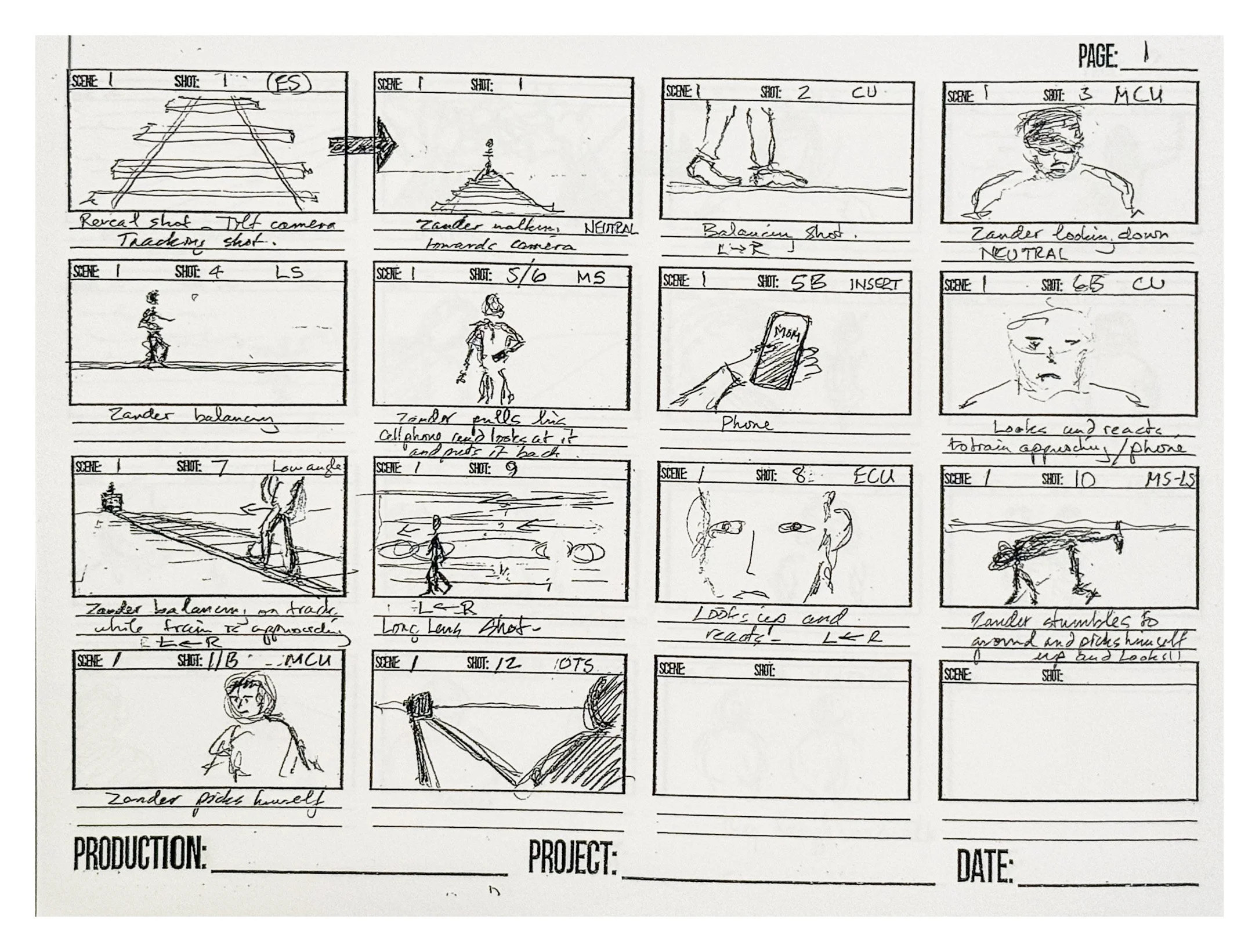 Storyboard sketches illustrating a scene of a person balancing on a tightrope, with close-up shots of their feet, face, and a phone, annotated with notes about camera angles and actions.