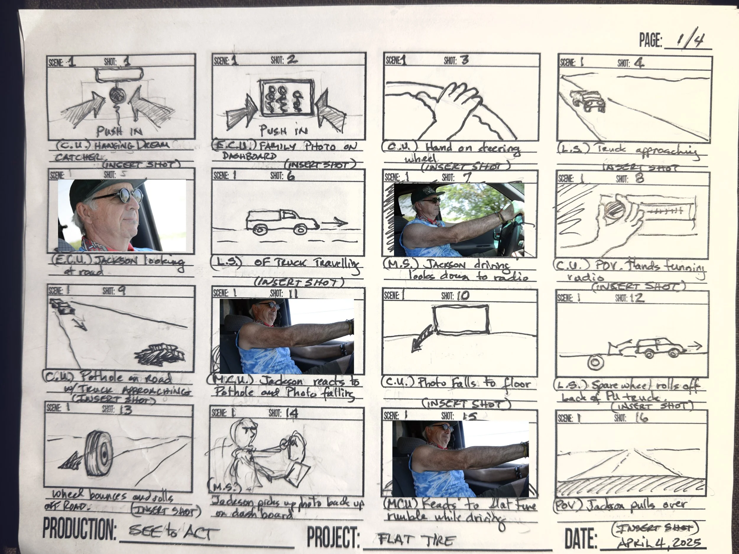 A storyboard sheet with sketches, handwritten notes, and photos of a person driving a truck. The sketches illustrate different scenes like checking the road, a tire rolling over, and photo falling to the ground. The photos show a man in sunglasses and a cap driving a vehicle.