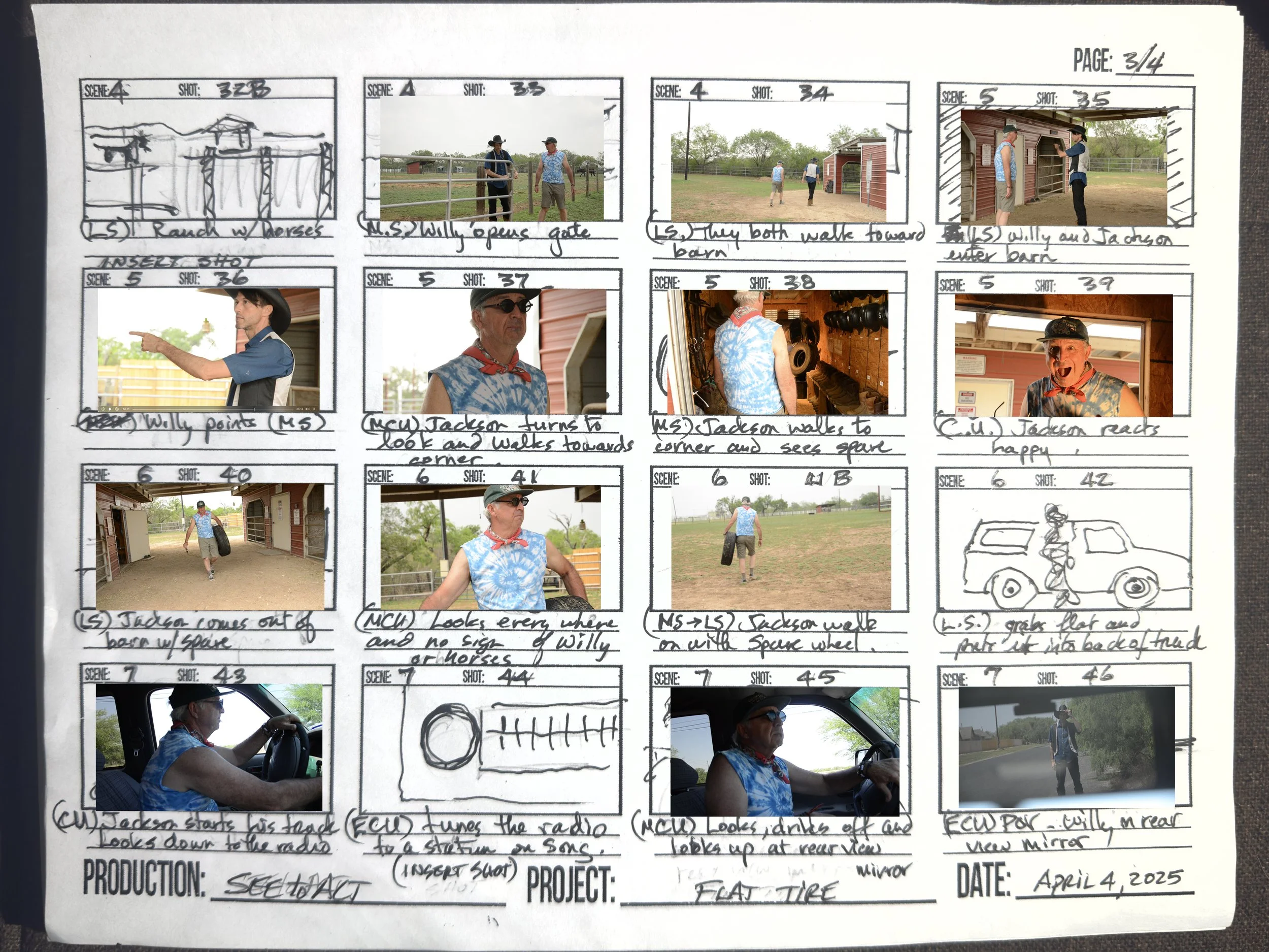 A storyboard featuring photos and sketches from a video shoot at a ranch, showing people walking and talking near barns and riding in a vehicle, with handwritten notes describing the scenes.