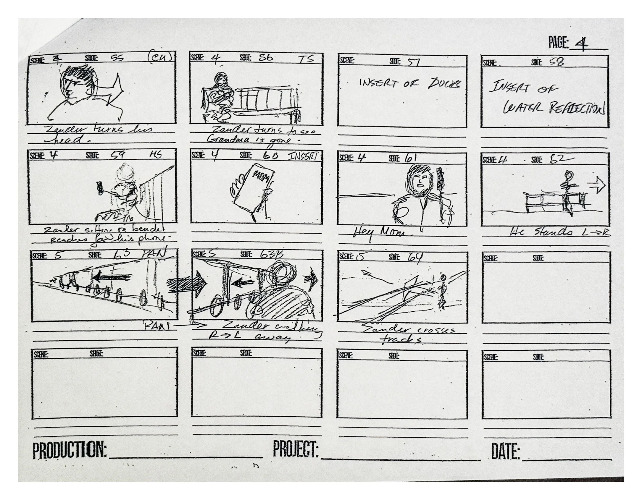 Storyboard sketches with scene descriptions and drawings of characters, objects, and settings for a production or project.