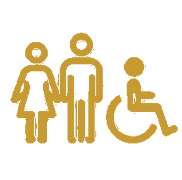 Gold outline icon of three people, including a woman wearing a dress, a man, and a person in a wheelchair.