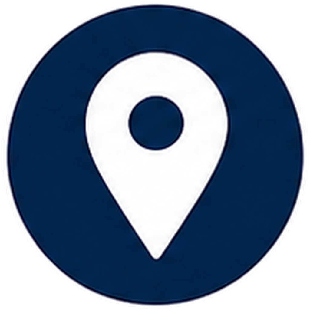 Map pin icon with blue and white design.