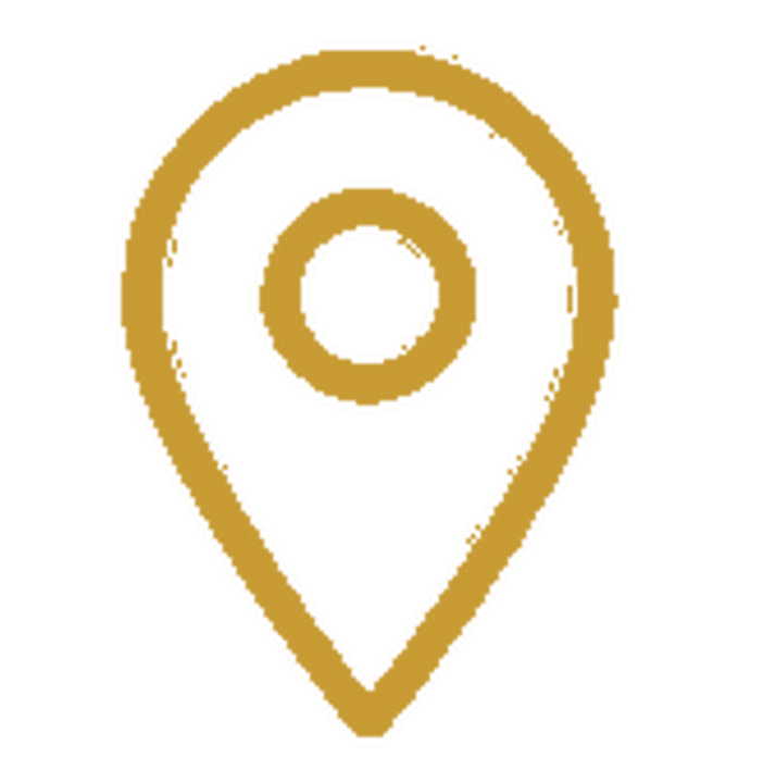 Gold location pin icon on black background.