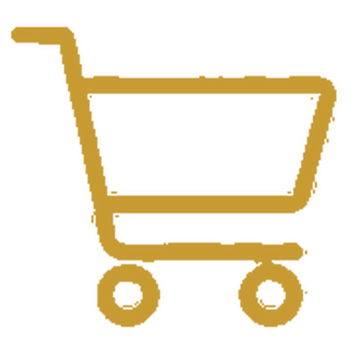 Pixel art illustration of a shopping cart in gold color