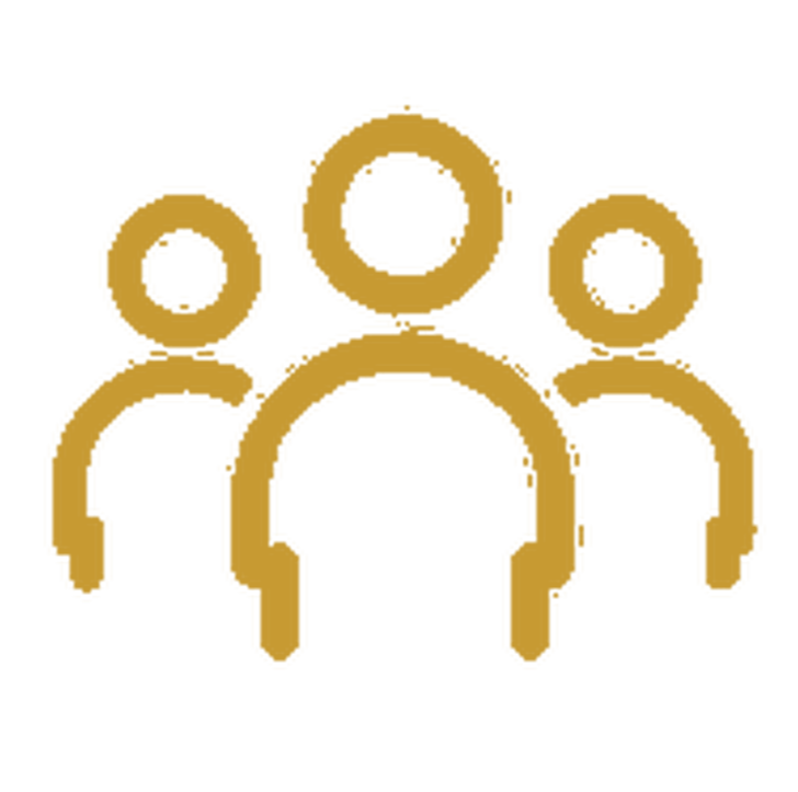 Gold-colored icon representing three people, resembling a group or team.