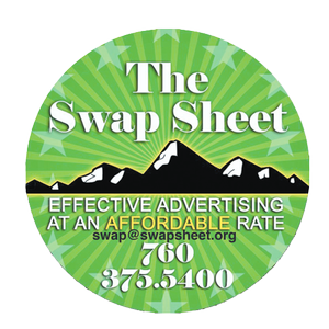 A green circular sticker or business card for 'The Swap Sheet' promoting affordable advertising, with a mountain graphic, contact email, and phone number.