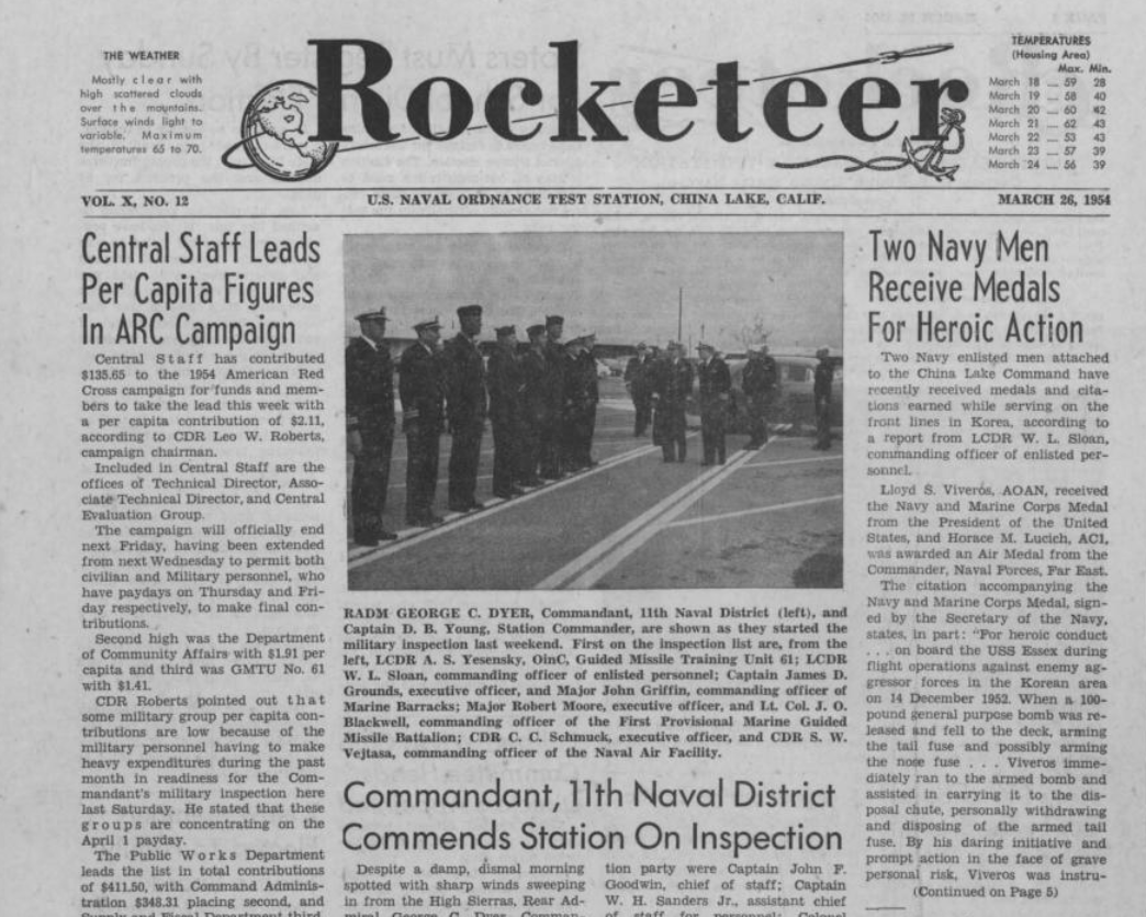 Historical black-and-white newspaper front page titled 'Rocketeer' dated March 26, 1954, featuring articles about Navy personnel, medals, and military inspections, with a photograph of Navy officers standing outdoors.