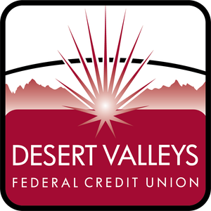 Logo of Desert Valleys Federal Credit Union with a sunburst and mountain silhouettes in the background.